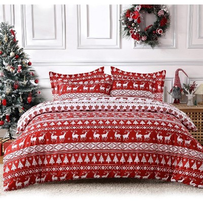 Christmas Reindeer Comforter Set 3Pcs - Red Microfiber Duvet Cover & 2 Pillow Shams, Holiday Bedding for Cozy Christmas Decor