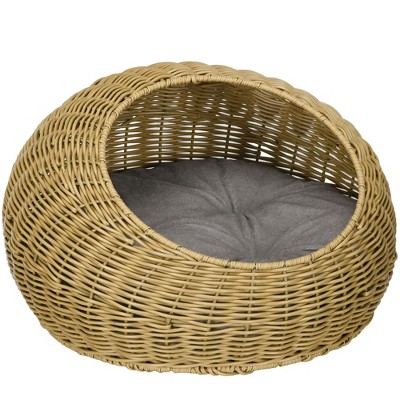 PawHut Rattan Cat Bed, Wicker Cat House Basket with Washable Cushion for Small Indoor Cats and Dogs, Light Brown
