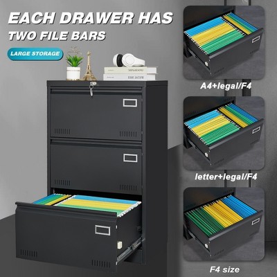 Filing Cabinet Lateral File Cabinet 3 Drawer, Blcak Locking Metal File Cabinets Three Drawer,with Lock Drawers for Home Office/Legal/Letter/A4/F4