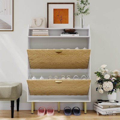 18" Narrow Shoe Cabinet with 2 Drawers - Slim Wood Grain & White Entryway Organizer for Hallway, Closet & Bedroom Storage