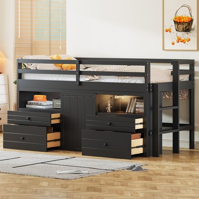 Twin Size Low Loft Bed for Kids, Wood Twin Loft Bed with Storage Drawers, Underneath Cabinet and Shelves