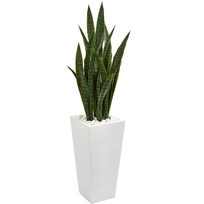 Nearly Natural 4-ft Artificial Sansevieria Snake Plant in White Tower Planter