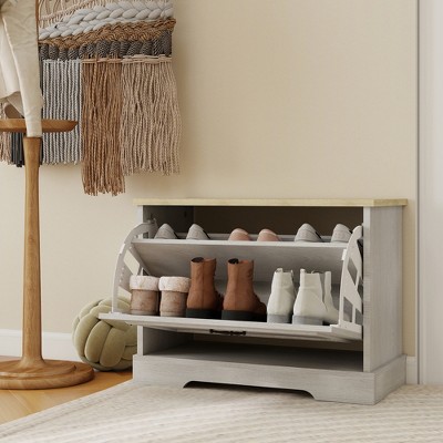 Airsurfer Shoe Storage Bench with 1 Flip Drawer and Adjustable Shelf, Small Shoe Cabinet for Entryway, Hallway, Bedroom-Antique White