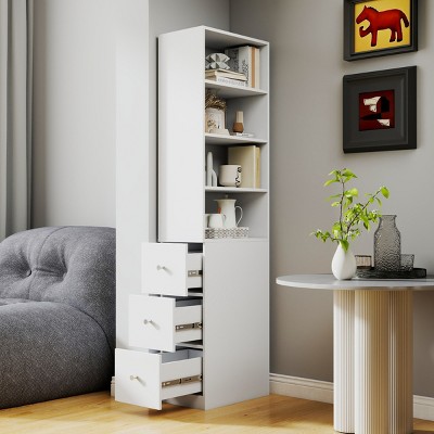 Tall Display Cabinet with Open Shelves and Side Drawers, Modern Organizer for Small Spaces in Living Room or Office-3irtyhousy