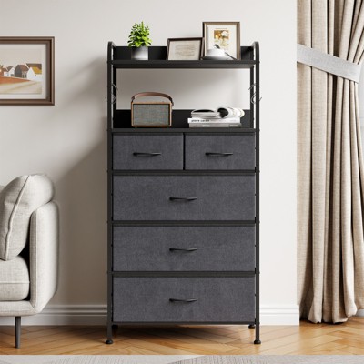 5 Drawer Dresser for Bedroom, Storage Organizer with Fabric Bins, Wood Top, Sturdy Steel Frame, Easy Pull Handle Gray