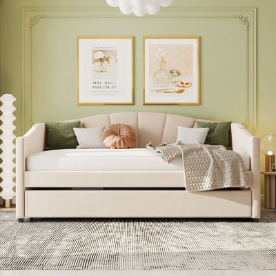 Whisen Twin Size Velvet Upholstered Daybed with Storage Drawers and Shell-Shaped Backrest