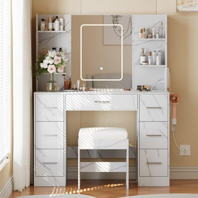 Vanity Desk with Mirror & Lights,Outlet,Hair Dryer Rack,with 7 Drawers & 6 Storage Shelves,3 Color Modes,for Bedroom Dressing Room-Imitation marble