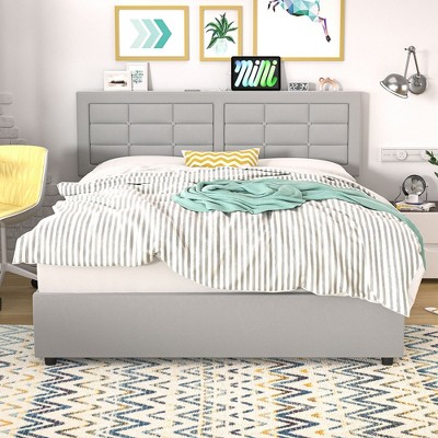 VECELO Queen/Full Size Upholstered Bed Frame with 4 Storage Drawers & USB Ports, Platform Bed Frame with Adjustable Headboard, Beige/Gray
