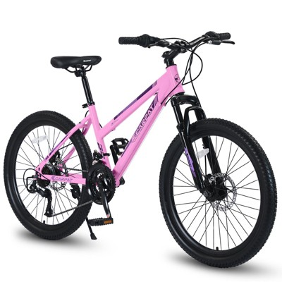 NAYSAYE Bicycle 24 Inch Mountain Bike with 21 Speed Shifter Dual Disc Brakes for Teenagers and Women, Pink, 66"*24.8"*35"
