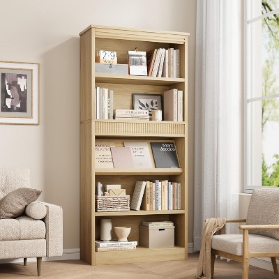 Modern 5 Tier Bookcase with Adjustable Shelves, Tall Bookshelf With Wooden Legs, Rustic Vintage Etagere for Living Room Bedroom Office