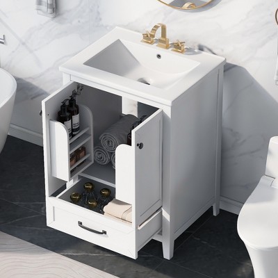 KWPZQEB 24" Bathroom Vanity with Ceramic Sink, Bathroom Vanity Cabinet with 2 Doors & Drawer, Modern Sink Cabinet with Solid Wood Frame for Bathroom