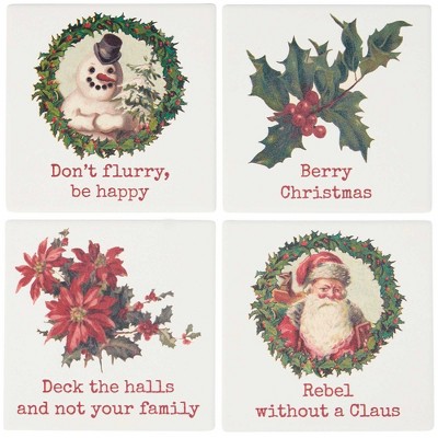 Primitives By Kathy 4.0 Inch Don't Flurry  Coaster Set Christmas Coaster Set , Snowman Holly Santa Poinsettia (5PC)