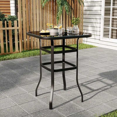 Garvee Outdoor Square Bar Table with Tempered Glass Top, Metal Frame Pub Height Bistro Table for Balcony, Patio, Poolside