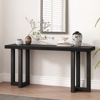 63" Geometric Console Table with Pine Veneer Top,Living Room Rectangle Table with Solid Pine Legs,American Entryway Furniture-Cuddlewood