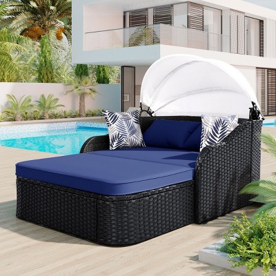 Outdoor Sunbed with Adjustable Canopy, Double PE Rattan Daybed with Cushion for Patio, 79" Wicker Sunbed Lounge Chair with Pillows-Koiai