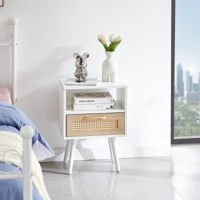 KTMBDW Rattan Nightstand, Bedside Table with Rattan Drawer, Wood End Table with Solid Wood Legs for Bedroom Living Room Small Space