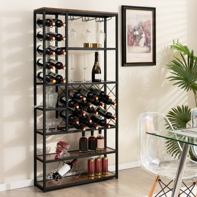 MOEPISY Industrial Floor Wine Rack with 3 Rows of Stemware Racks