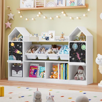 Castle Shape Children's Bookcase with Blackboard, Kids Display Bookshelf Toy Storage, White
