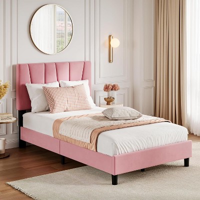 Modern Linen Upholstered Bed Frame with Adjustable Headboard, Wood Slat Support