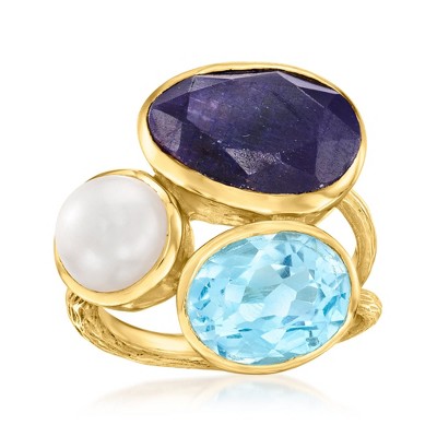 Ross-Simons 8mm Cultured Pearl, 6.50 Carat Sapphire and 3.80 Carat Sky Blue Topaz Ring in 18kt Gold Over Sterling