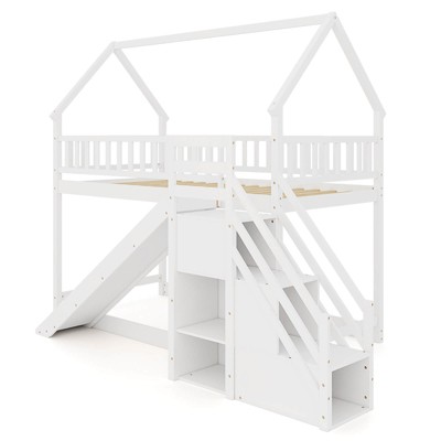 Costway Twin Over Twin Bunk Bed with Slide & Staircase with Storage Compartments White/Gray