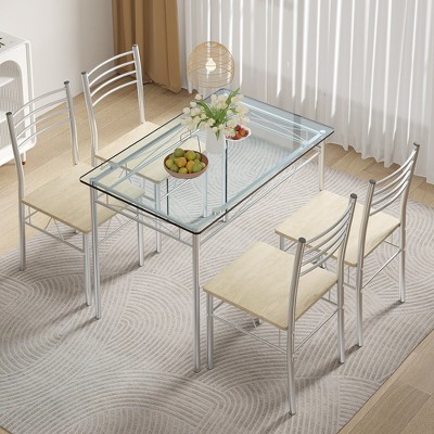 VECELO 5 Piece Dining Table Set with Glass Top Table & 4 Upholstered Chairs, Kitchen Rectangular Table Set Brown/Black