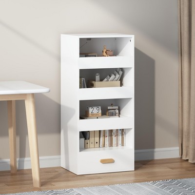 KTMBDW Bookshelf, 4-Tier Bookcase with 3 Sliding Drawers and 1 Bottom Drawer, Open Storage Shelf for Living Room, Home Office, Dinning Room, White