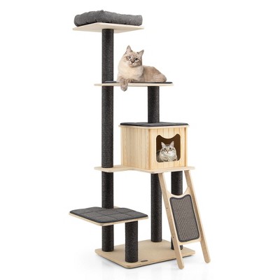 Tangkula 69 in Modern Wood Cat Tree 5-Tier Tall Cat Tower w/ Washable Cushions