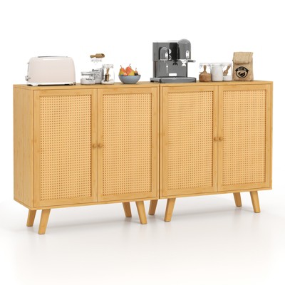 Tangkula 2PCS Bamboo Buffet Cabinet w/ PE Rattan Doors Freestanding Kitchen Cupboard Natural