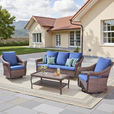 Buenhomino 4 Pieces Patio Furniture Set, Outdoor Swivel Glide Chairs with Sofa and Coffee Table, All-Weather Patio Conversation Set for Backyard