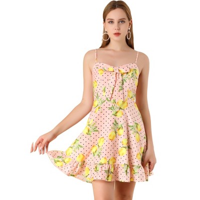 Allegra K Women's Floral Ruffle Bow Knot Lemon Spaghetti Strap Mini Sundress