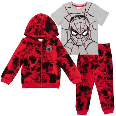 Marvel Spider-Man Spider-Man French Terry Zip Up Hoodie T-Shirt Pants 3 Piece Outfit Set Toddler