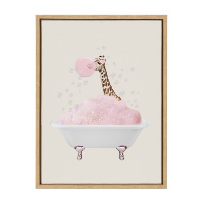 Kate & Laurel All Things Decor 18"x24" Sylvie Giraffe Taking a Bath Framed Canvas Wall Art by July Art Prints Zoo Animal Bath