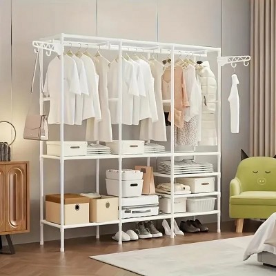3 Tier Adjustable Metal Garment Rack with Shoe Storage, Hanging Rods and Side Hooks, Heavy Duty Freestanding Closet Organizer, Sturdy Wire Shelving