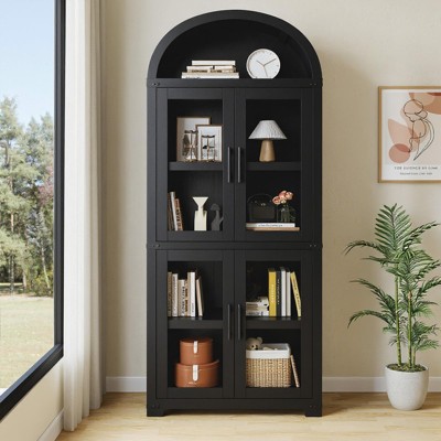 Arched Bookshelf with Doors, 71.4" Tall Farmhouse Bookcase, 15.8" Deep Wooden Display Cabinet with Storage Shelves