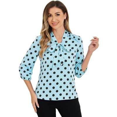 INSPIRE CHIC Women's Ruffle Shoulder Polka Dots Elastic Cuff 3/4 Sleeves Bow Tie Neck Blouse