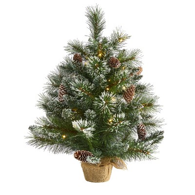2ft. Frosted Pine Artificial Christmas Tree with 35 Clear LED Lights, Pinecones & Burlap Base – Petite Holiday X-Mas Accent