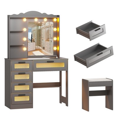 Fredees Vanity Desk with Mirror and Lights, Vanity Dressing Table with 5 Drawers and Cushioned Stool, Makeup Vanity Set with Charging Station