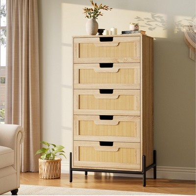 Natural Rattan 5 Drawer Dresser, Wooden Chest of Drawer, Farmhouse Storage Cabinet with Solid Metal Legs