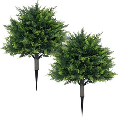Set of 2 Artificial Cedar Topiary Trees with Ground Spikes - Realistic UV Resistant PE Greenery for Indoor Outdoor Decor, Garden, Porch, Patio