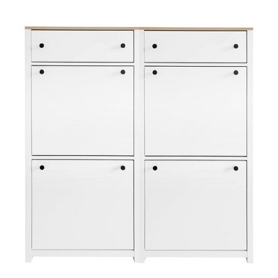 TiramisuBest Functional Entryway Organizer: 2 Flip Drawers, Wood Grain Pattern Top Shoe Cabinet, Free - Standing for Hallway,Black