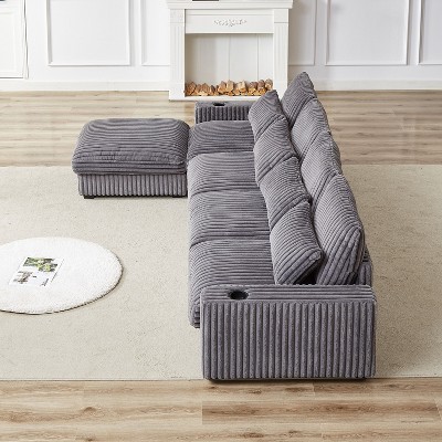 126-inch Corduroy with Cup Holder Super Large L-Shaped Sofa, Movable Footrest