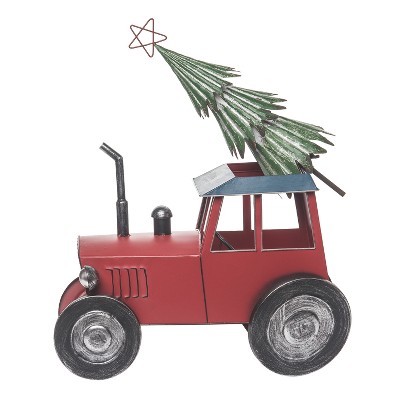 Transpac 19 Inch Multicolor Christmas Tractor with Tree Decorative Iron Object for Holiday Decor