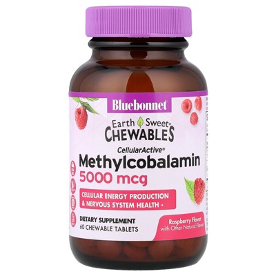 Bluebonnet Nutrition Earth Sweet® Chewables, CellularActive® Methylcobalamin, Raspberry, 5,000 mcg, 60 Chewable Tablets
