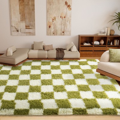 LOVEVOOK 5x7ft Checkered Area Rugs for Living Room, Bedroom, Soft Shaggy Green and White Rugs Kids Room, Non-Slip Fuzzy Carpet Indoor