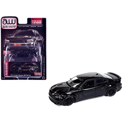 2021 Dodge Charger SRT Hellcat Black with Graphics and Orange Stripes Limited Edition 1/64 Diecast Model Car by Auto World