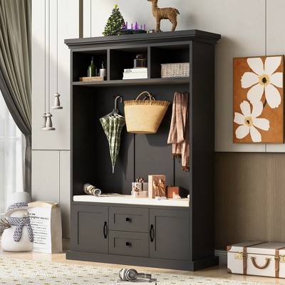 APRILSOUL Hall Tree with 3 Hooks , Coat Hanger, Entryway Bench, Storage Bench, 3-in-1 Design