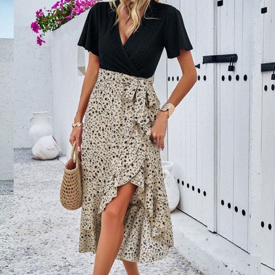 Coolmee Women's Summer Dress V-Neck Flared Sleeve Color Block Dresses Front Split Ruched Casual Midi Dress with Belt