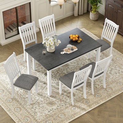 SAINTCY 7-Piece Wood Dining Table Set for 6 ¨C Upholstered Chairs, Tapered Legs, Retro-Modern Style ¨C Perfect for Kitchen & Dining Room Spaces