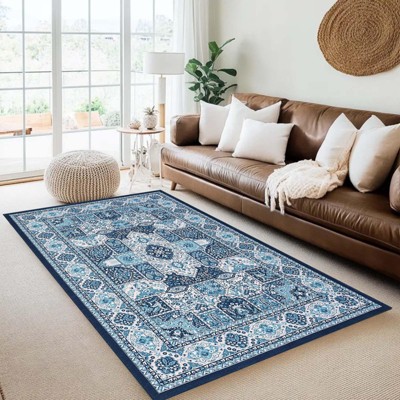 Boho Area Rug, Modern Geometric Rug Vintage Medallion Washable Low-Pile Carpet for Living Room, Bedroom (Stain Resistant, Non-Slip)